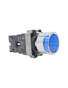 Bouton poussoir métallique bleu lumineux  contact ouvert (NA) complet