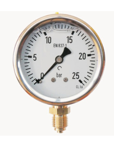 Pressure gauge with glycerin 0 - 400 bar diameter 63mm bar side inlet stainless steel case - Metal Work