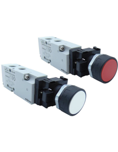 Bouton poussoir pneumatique noir-blanc-rouge et Fin de course servo-piloté 1/8 3/2 NC ressort-retour - Aignep
